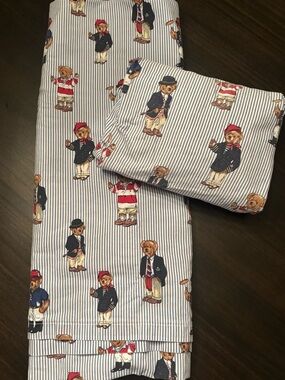 Vintage Ralph Lauren Polo Blue & White Striped Bear Twin Sheet Set